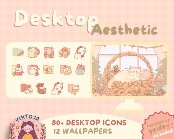 Kawaii Christmas Cat Desktop Wallpaper & Icons (Digital Download)