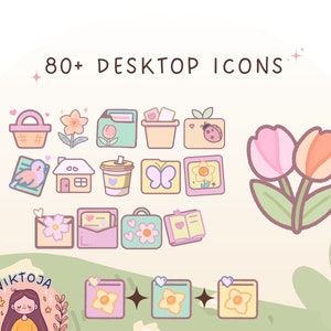 May include: A set of 80+ pastel-colored desktop icons featuring various cute illustrations, including a bird, a house, a coffee cup, a butterfly, a flower, a basket, a folder, a plant, a book, and an envelope. The icons are arranged in a grid pattern on a light background. The text "80+ DESKTOP ICONS" is at the top of the image.