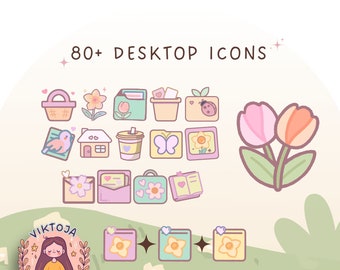May include: A set of 80+ pastel-colored desktop icons featuring various cute illustrations, including a bird, a house, a coffee cup, a butterfly, a flower, a basket, a folder, a plant, a book, and an envelope. The icons are arranged in a grid pattern on a light background. The text "80+ DESKTOP ICONS" is at the top of the image.