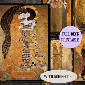 78 kart tarota do wydrukowania secesyjny tarot złoty tarot Gustav Klimt wydruk tarota PRZEWODNIK PDF natychmiastowe pobieranie tarot sztuka do wydrukowania