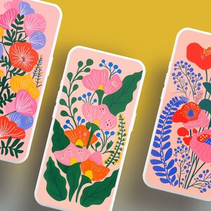 May include: Three phone mockups with floral designs. Each phone case features a different arrangement of pink, red, yellow, and blue flowers on a light pink background.