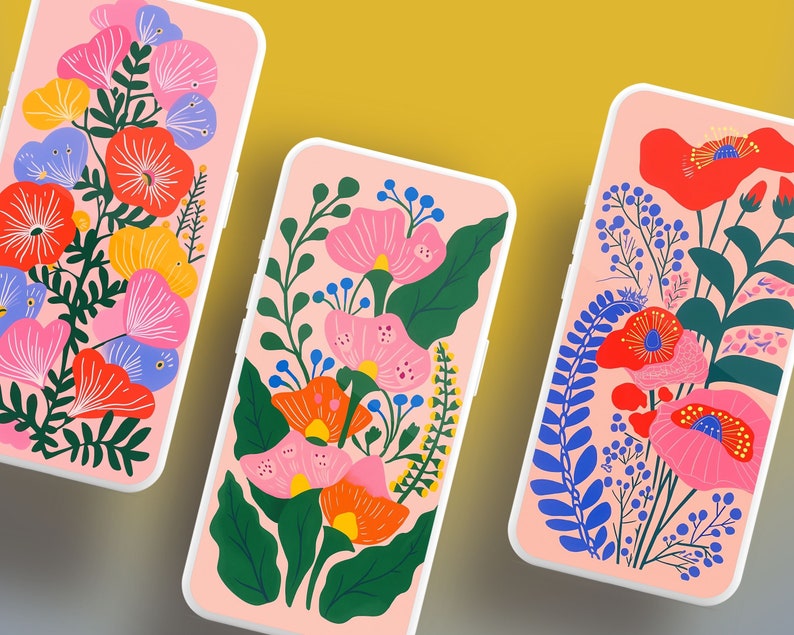 May include: Three phone mockups with floral designs. Each phone case features a different arrangement of pink, red, yellow, and blue flowers on a light pink background.