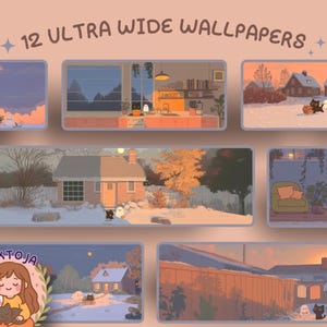 Puede incluir: Una colección de 12 fondos de pantalla ultra anchos con escenas ilustradas. Cada escena representa una casa o un interior con gatos y fantasmas de dibujos animados en una paleta de colores cálidos. El texto "12 ULTRA WIDE WALLPAPERS" está en la parte superior.