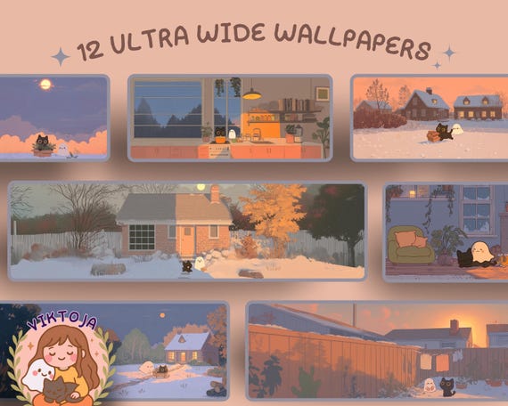 Snowy Cat Ghost Ultrawide Wallpaper Set: Aesthetic Lofi Background (Digital Download)