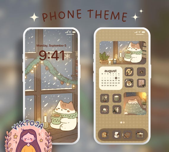 Kawaii Christmas Cat Phone Theme: iOS & Android (Digital Download)
