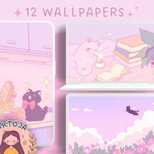 Roze katten behang planten behang boeken gezellig behang bureaublad pastel behang kawaii Instant Download anime behang katten en planten