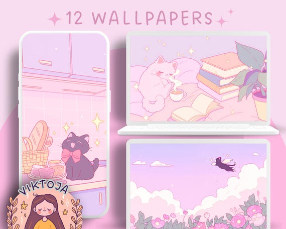 Pink Cats Wallpaper Set: Cozy Kawaii Desktop & Mobile (Digital Download)