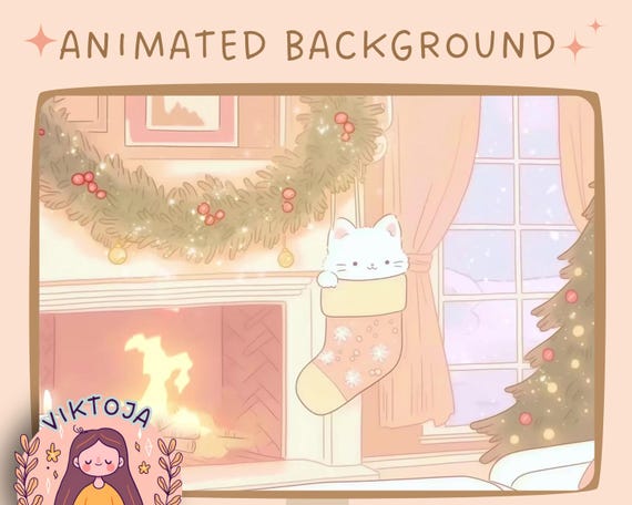 Christmas Cat Lofi Animated Vtuber Background: Cozy Stream Overlay (MP4)