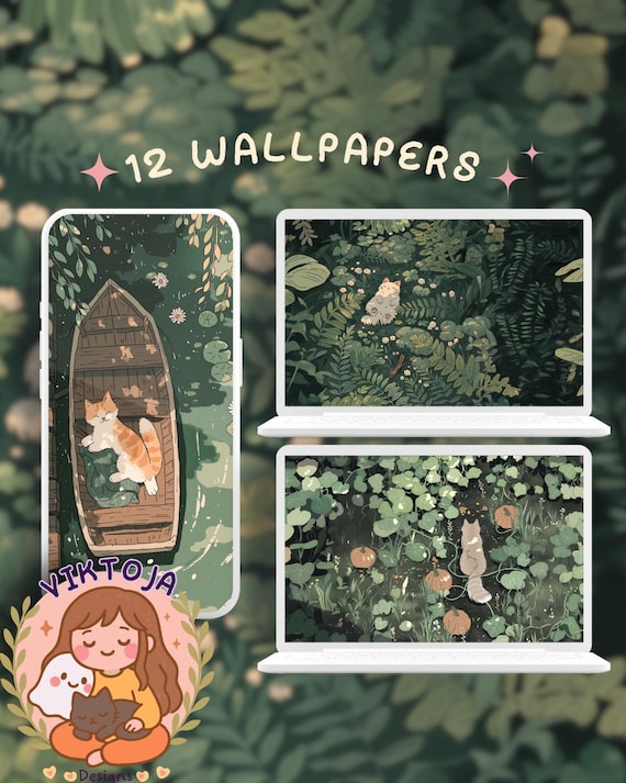 Top down Cats Wallpaper Set: greens and nature (Digital Download)