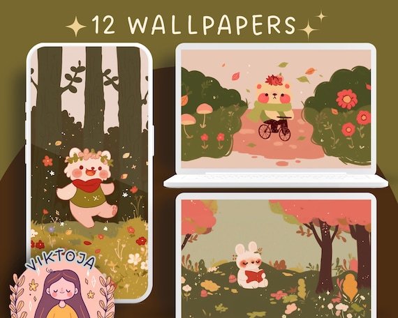 Cozy Autumn Animals Wallpaper: Pastel Desktop & Phone Backgrounds (Digital Download)