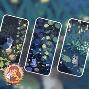 Night garden Cats summer Kawaii Pastel Wallpaper Set – Desktop & Mobile Backgrounds (Digital Download) image 10