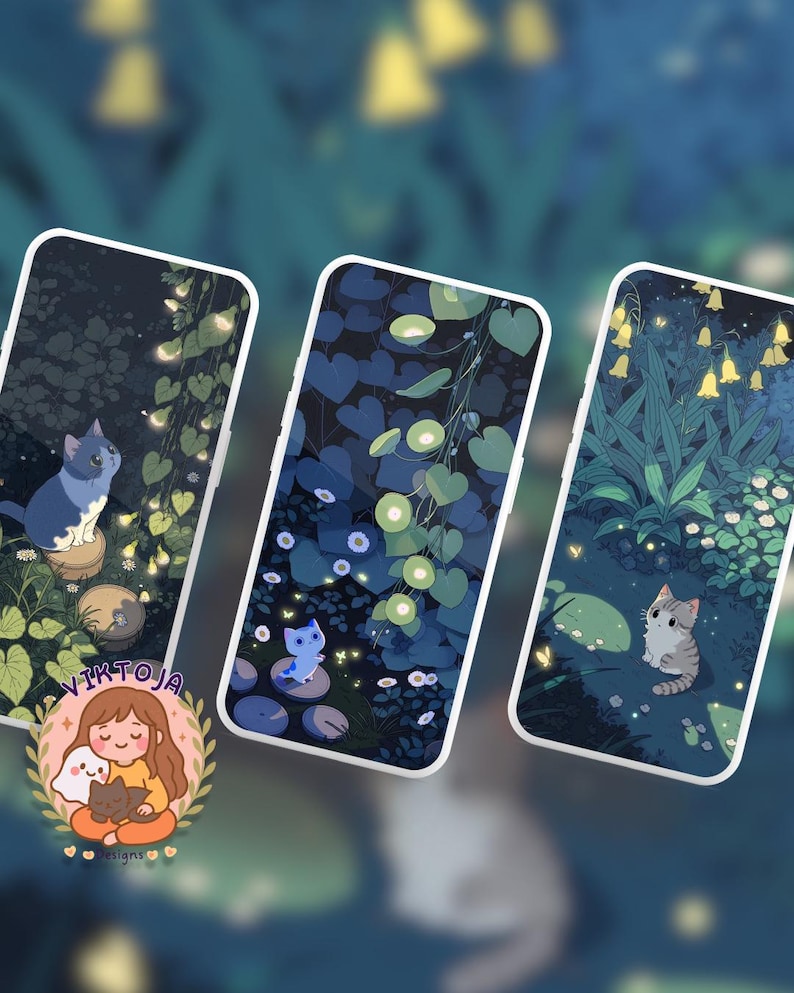 Night garden Cats summer Kawaii Pastel Wallpaper Set – Desktop & Mobile Backgrounds (Digital Download) image 10