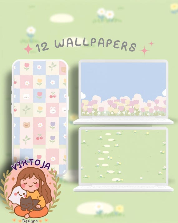 simple spring Wallpaper Set, Minimal kawaii Style (Digital Download)