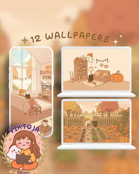 Autumn Inky Ghost Wallpaper: Cozy Fall Screensaver (Digital Download, PNG Set of 12