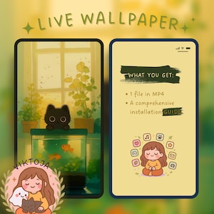 May include: Digital live wallpaper design with a black cat, fish tank, and plants. The image includes text that says "LIVE WALLPAPER" and "WHAT YOU GET: 1 file in MP4, A comprehensive installation GUIDE". A cartoon illustration of a girl is also included.