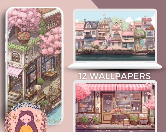 Cherry Blossom City Wallpaper: Kawaii Pastel Screensaver (Digital Download)