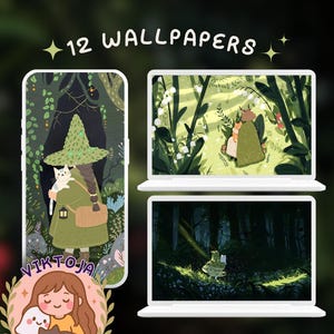 Może przedstawiać: Cyfrowa grafika przedstawiająca wiedźmę z kotem na etui na telefon i dwa laptopy wyświetlające sceny leśne. Tekst "12 WALLPAPERS" znajduje się nad urządzeniami. Na dole znajduje się logo z dziewczyną i dwoma kotami.