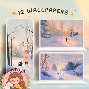 Può includere: Arte digitale con 12 sfondi a tema invernale. I disegni presentano paesaggi innevati, una persona che nutre gli uccelli e una ragazza dei cartoni animati con un gatto e un fantasma. Il testo "12 WALLPAPERS" è visualizzato.
