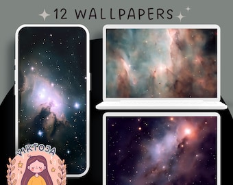May include: A set of 12 digital wallpapers featuring a nebula with stars in a dark blue, purple, and orange color scheme.
