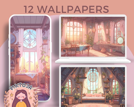 Purple Witchy Room Wallpaper Set, Anime Style (Digital Download)