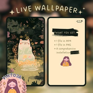 Op de afbeelding: Een digitale illustratie van een kat die in een gloeiend lichtbad zit, omringd door groen gebladerte. De tekst "LIVE WALLPAPER" staat bovenaan de afbeelding. De tekst "WHAT YOU GET:" wordt gevolgd door een lijst met items: "1 bestand in MP4", "1 bestand in PNG" en "Een uitgebreide installatiehandleiding".