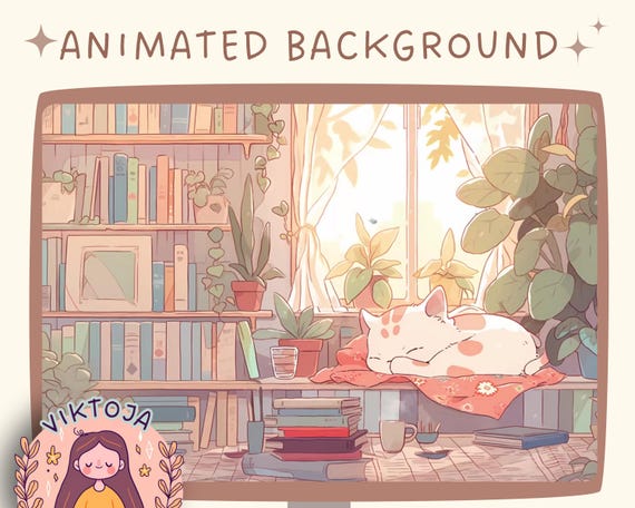 Cozy Lofi Cat Vtuber Animated Background: Twitch Stream Overlay (MP4)