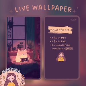 May include: A digital illustration of a cat sitting on a bed, using a smartphone. The cat is white with pink ears and a pink nose. The background is a purple and pink gradient with a window showing a night sky. The text "LIVE WALLPAPER" is at the top of the image. The text "VIKTOJA" is at the bottom of the image. The text "WHAT YOU GET:" is on the right side of the image, followed by a list of items: "1 file in MP4", "1 file in PNG", "A comprehensive installation GUIDE".