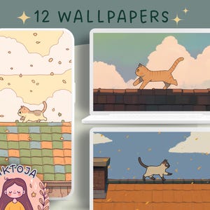 Cat on a roof wallpaper anime cozy Wallpaper desktop Bundle boho wallpaper kawaii Instant Download anime wallpaper cats and plants