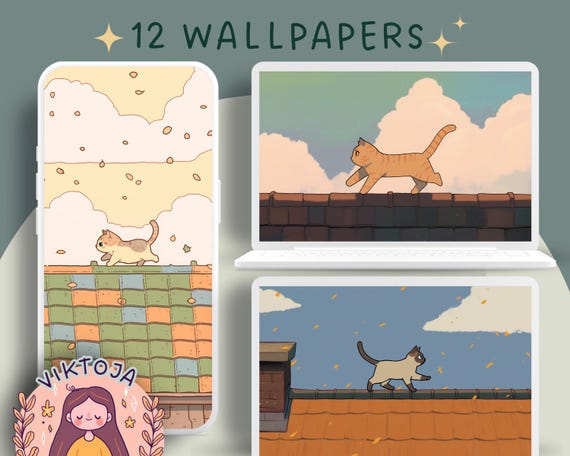 Cozy Cat on Roof Wallpaper Bundle: Kawaii Anime Backgrounds (Digital Download)