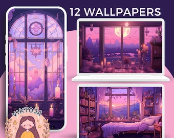 Purple Witchy Room Wallpaper Set, Kawaii (Digital Download