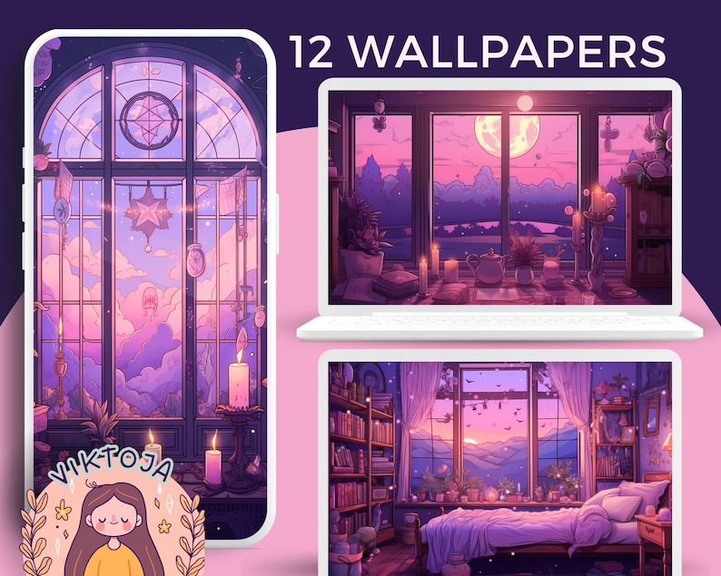 Purple Witchy Room Wallpaper Set, Kawaii (digital Download - Etsy