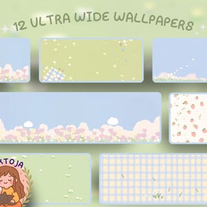 Könnte beinhalten: Eine Sammlung von 12 Ultra-Wide-Tapeten mit Pastell-Designs. Die Tapeten zeigen Blumen-, Wolken- und Vichy-Muster in Blau-, Grün- und Rosatönen. Das Bild enthält den Text "12 ULTRA WIDE WALLPAPERS" und ein Logo.