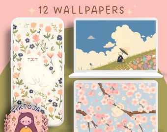 May include: A set of 12 digital wallpapers featuring cute illustrations of cats, flowers, and clouds. The wallpapers are designed in a pastel color palette and feature a whimsical style.