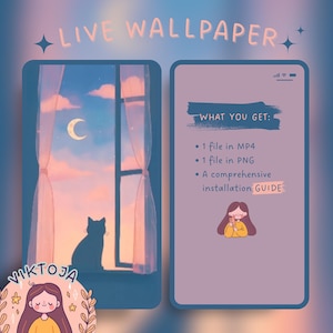 Może przedstawiać: Cyfrowa animowana tapeta z motywem okna, sylwetką kota, księżycem i kolorami zachodu słońca. Tekst "LIVE WALLPAPER" znajduje się na górze. Po prawej stronie znajduje się lista zawartości: pliki MP4, PNG i instrukcja.