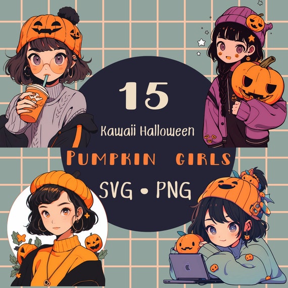 Kawaii Halloween Pumpkin Girl Clipart: 15 PNG & SVG Graphics (Digital Download)