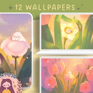 Könnte beinhalten: Ein Set mit 12 digitalen Handy-Hintergrundbildern mit einer skurrilen Illustration eines schlafenden Geistes in einer rosa Blume, umgeben von grünen Blättern und einem weichen, pastellfarbenen Hintergrund. Die Hintergrundbilder sind perfekt, um Ihrem Handy-Bildschirm einen Hauch von Skurrilität und Charme zu verleihen.