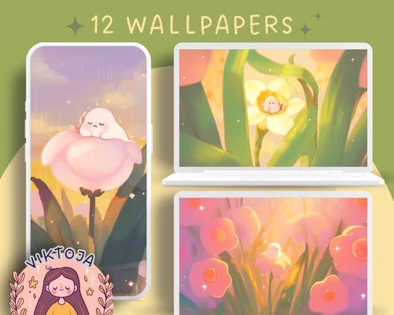 Kawaii Spring Ghost Wallpaper, Pastel Flower Screensaver (Digital Download)
