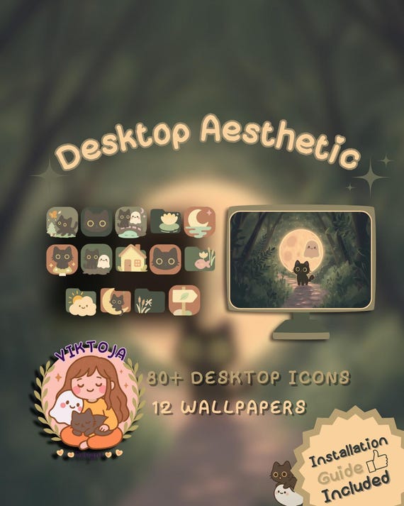 Ghostly Forest Desktop Wallpaper Bundle: Boho Kawaii Icons (PNG & ICO Files) (Digital Download