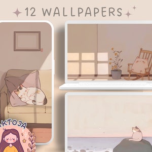 Cats wallpaper plants wallpaper books cozy Wallpaper desktop Bundle boho wallpaper kawaii Instant Download anime wallpaper cats and plants