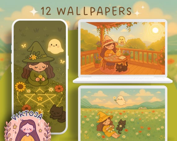 Witchy Kawaii Phone & Desktop Wallpaper Set (Digital Download)