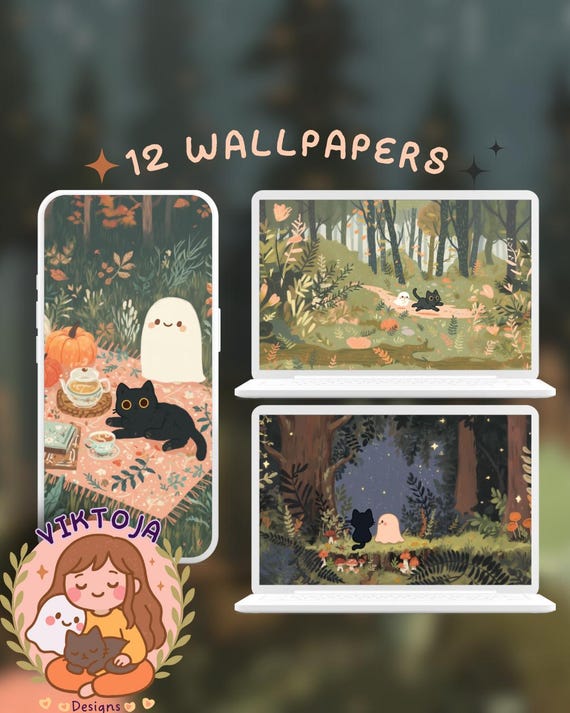 Green autumn Cat and ghost Wallpaper Bundle: Boho Kawaii Desktop & Mobile (Digital Download)