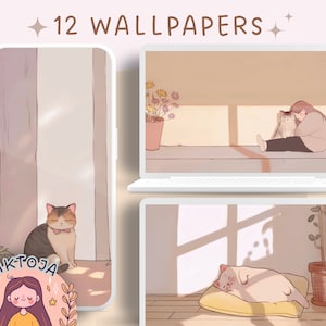 Cats wallpaper plants wallpaper books cozy Wallpaper desktop Bundle boho wallpaper kawaii Instant Download anime wallpaper cats and plants