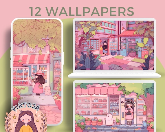 Pink Shop Wallpaper: Kawaii Desktop & Phone Backgrounds (Digital Download)