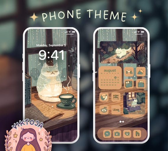 Rain Cat phone theme 2 iOS theme android theme cute phone icons cat wallpaper kawaii theme ipad theme tablet wallpaper