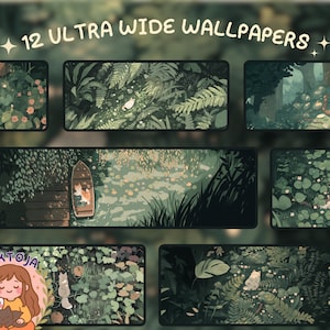 Peut inclure: Une collection de 12 fonds d'écran ultra-larges représentant des scènes de forêt sereines avec des chats. Les illustrations présentent une végétation luxuriante, un bateau et divers environnements, le tout dans une palette de couleurs douces et sourdes.
