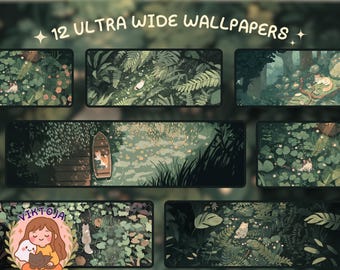 May include: A collection of 12 ultra-wide wallpapers featuring serene forest scenes with cats. The illustrations showcase lush greenery, a boat, and a variety of settings, all in a soft, muted color palette.