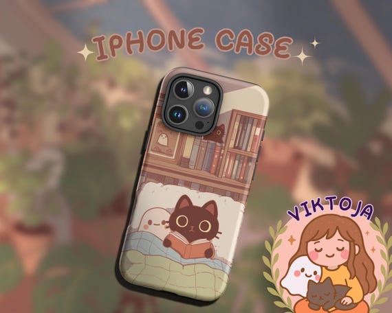 Cozy Cat and Ghost iPhone Case Light Academia Tough Case for Apple iPhone Book Lover Reading Art Dark Academia Gift for Reader
