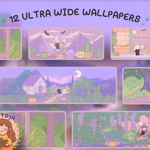Pode incluir: Uma coleção de 12 papéis de parede ultra largos com tema de Halloween. Cada papel de parede apresenta uma cena diferente, incluindo uma floresta, montanhas, uma casa e uma loja. A paleta de cores é principalmente roxa, verde e laranja, com ilustrações em estilo cartoon.