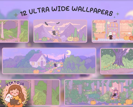 Kawaii Halloween Wallpaper: Purple Witch, Cat & Ghost - Ultrawide Screens (Digital Download)