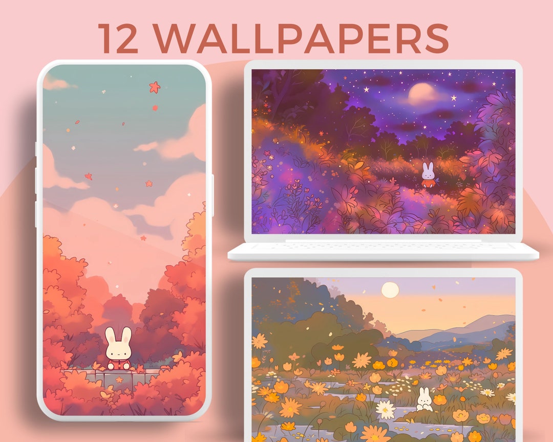 Kawaii Autumn Bunny Wallpaper Pastel Pumpkin Wallpaper Purple - Etsy